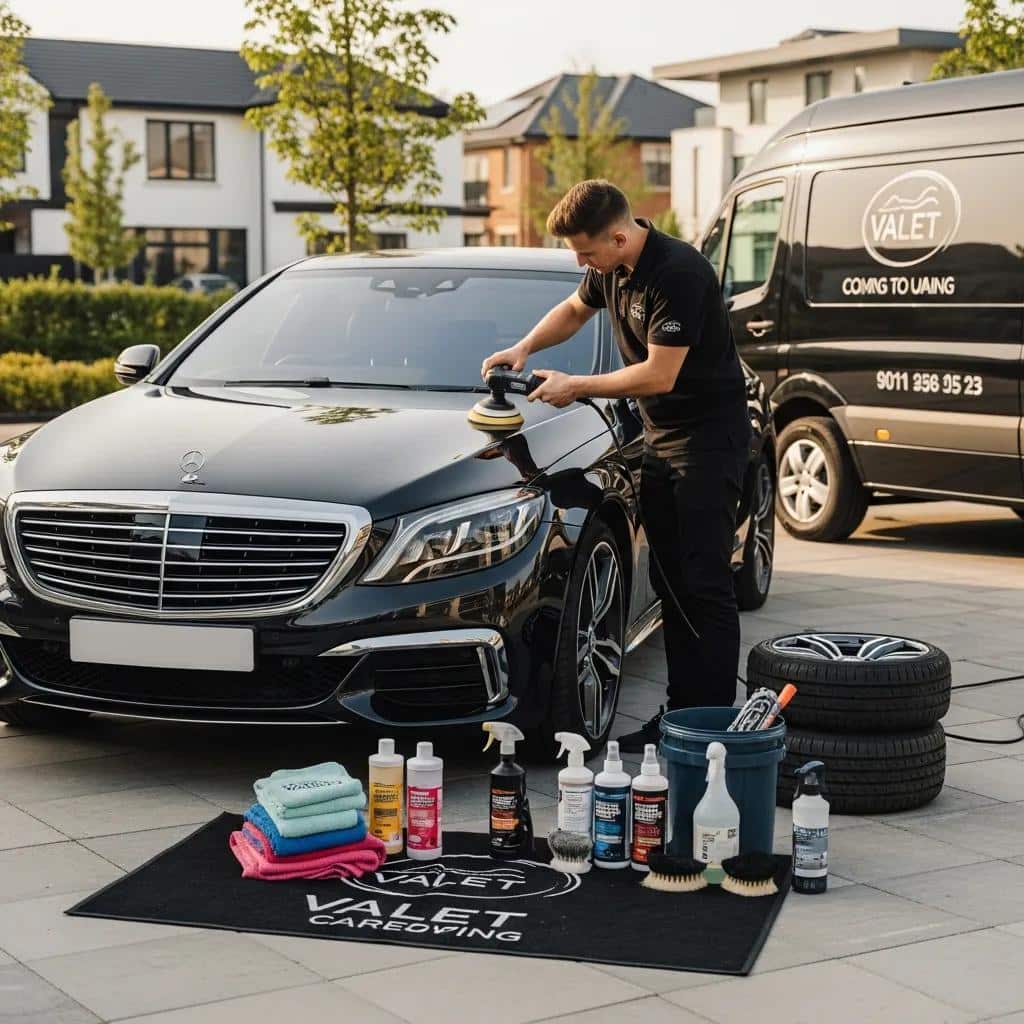 Mobile car valeting service with a professional detailing a shiny vehicle