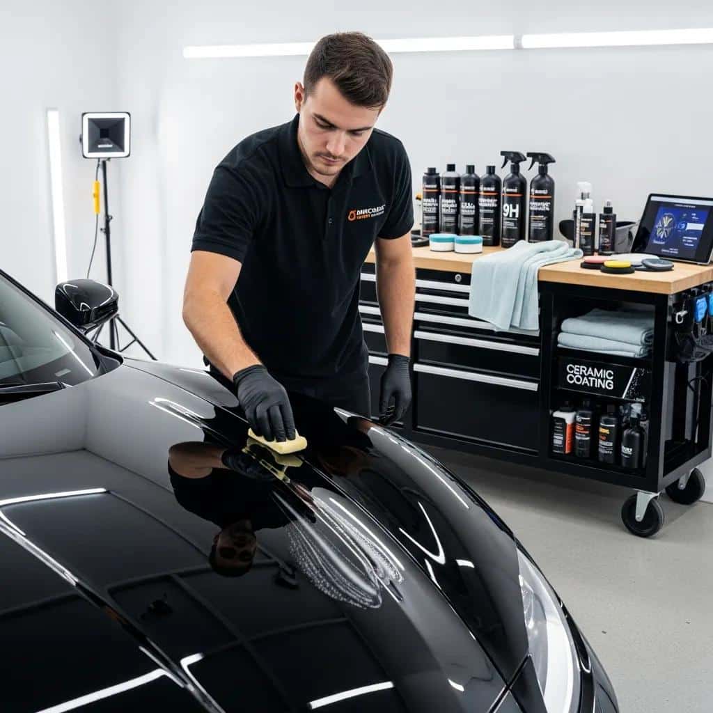 Applying ceramic coating to a vehicle in a workshop for lasting protection and shine